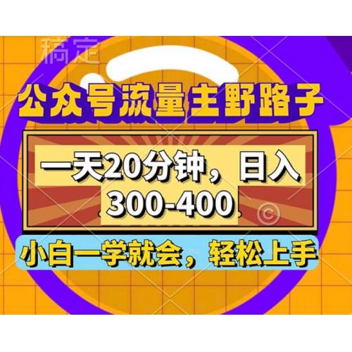 公众号流量主野路子玩法，一天20分钟，日入300~400，小白一学就会